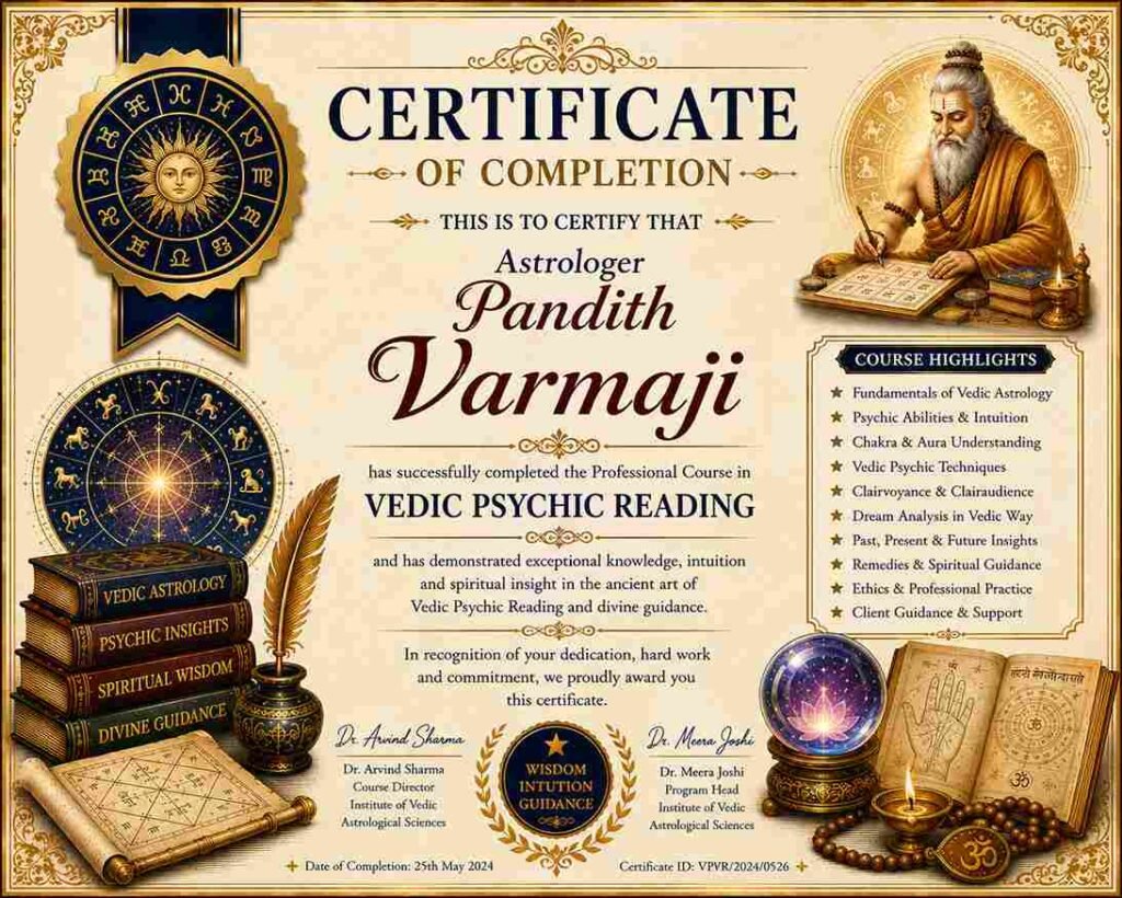 Certificate of Completion awarded to Astrologer Pandith Varmaji for successfully completing a professional course in Vedic Psychic Reading.