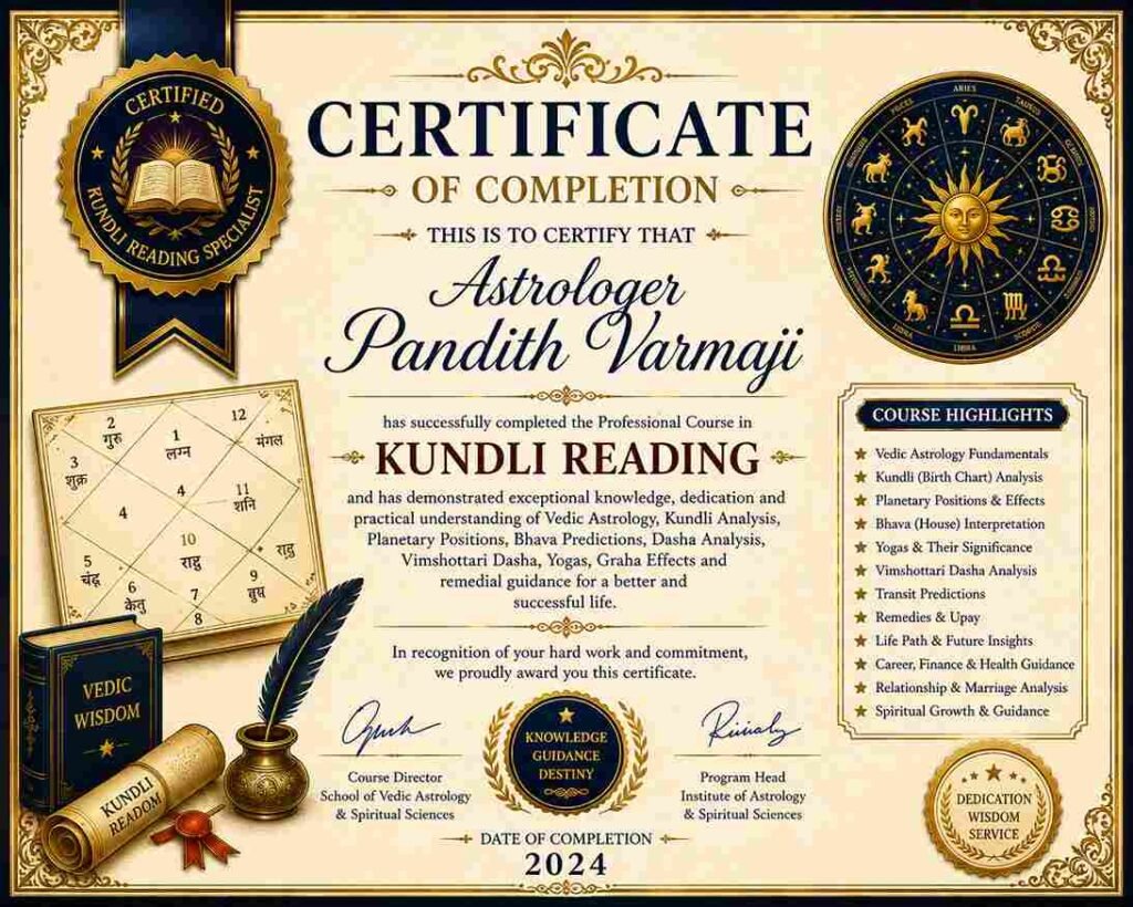 Certificate of Completion awarded to Astrologer Pandith Varmaji for completing a professional Kundli Reading course, covering Vedic Astrology, birth chart analysis, planetary positions, Bhava interpretation, Dasha analysis, Yogas, and remedial guidance.